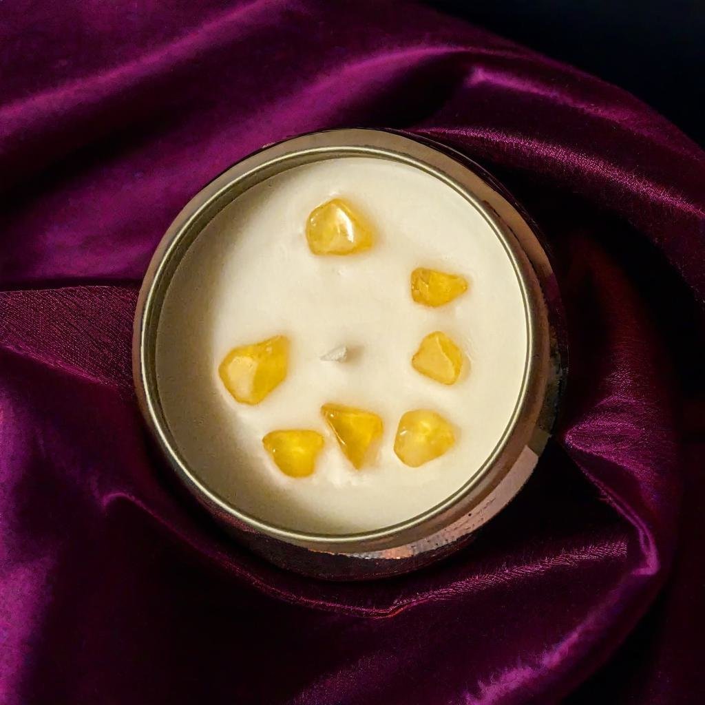 Reiki-Infused Yellow Agate/Citrine & Cypress Solar Plexus Chakra Candle: Ignite Your Inner Power