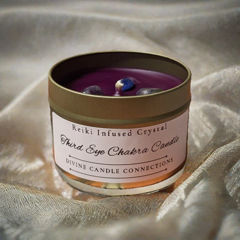 Reiki-Infused Amethyst, Lapis Lazuli, and Frankincense Third Eye Chakra Candle: Illuminate Your Inner Vision