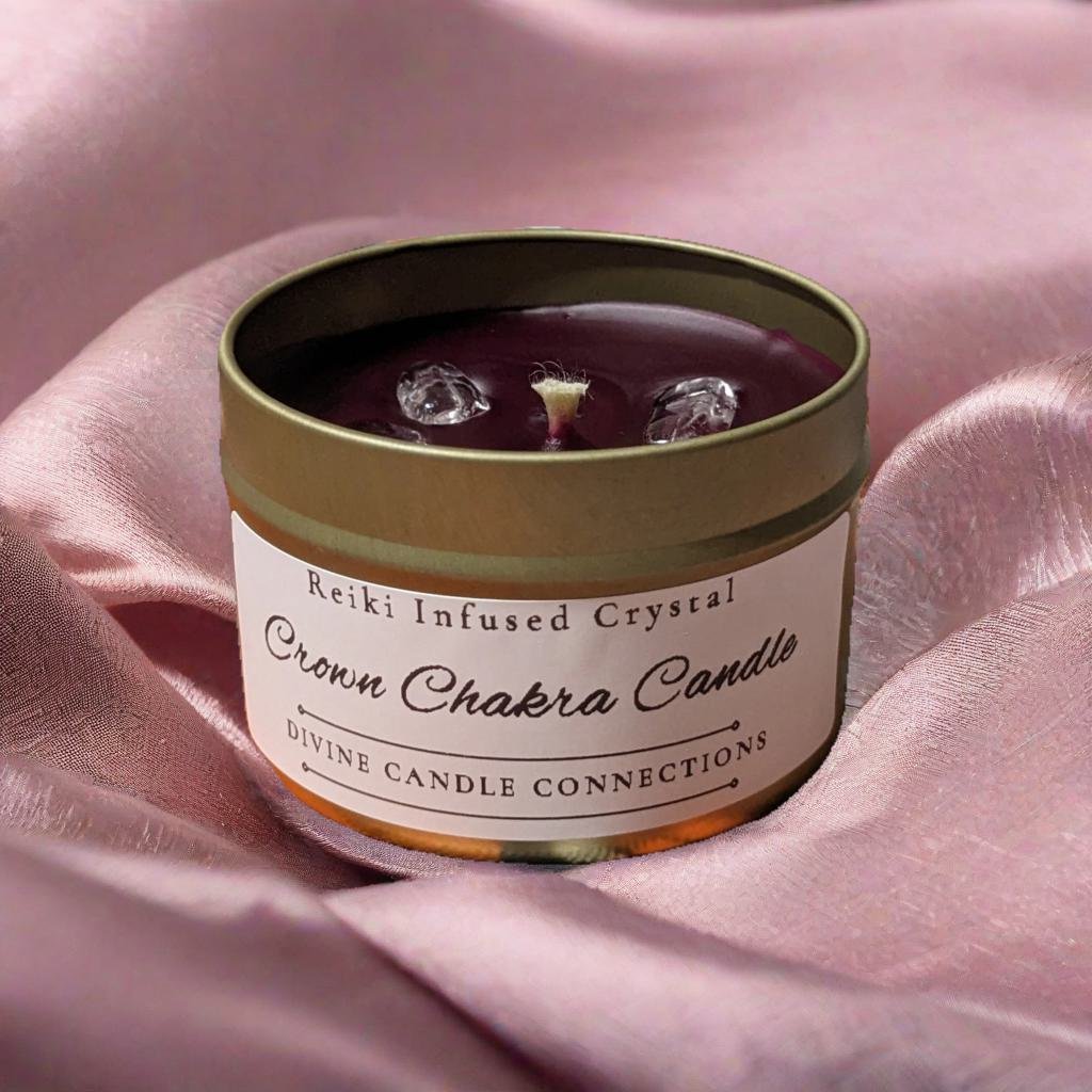 Reiki-Infused Amethyst, Clear Quartz, Spikenard and Myrrh Crown Chakra Candle: Illuminate Divine Connection