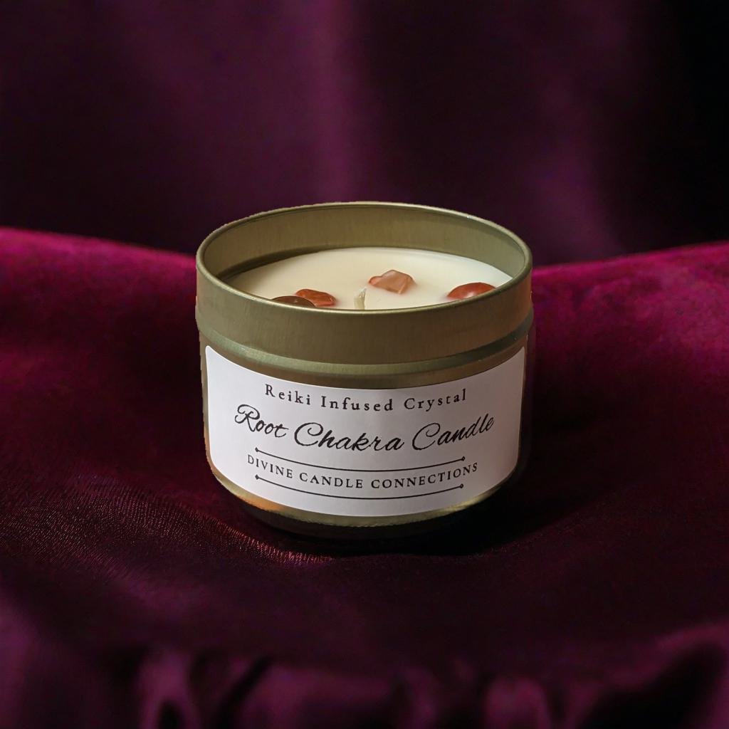 Reiki-Infused Root Chakra Tiger's Eye & Red Agate Candle with Cedarwood: Grounding Your Inner Strength