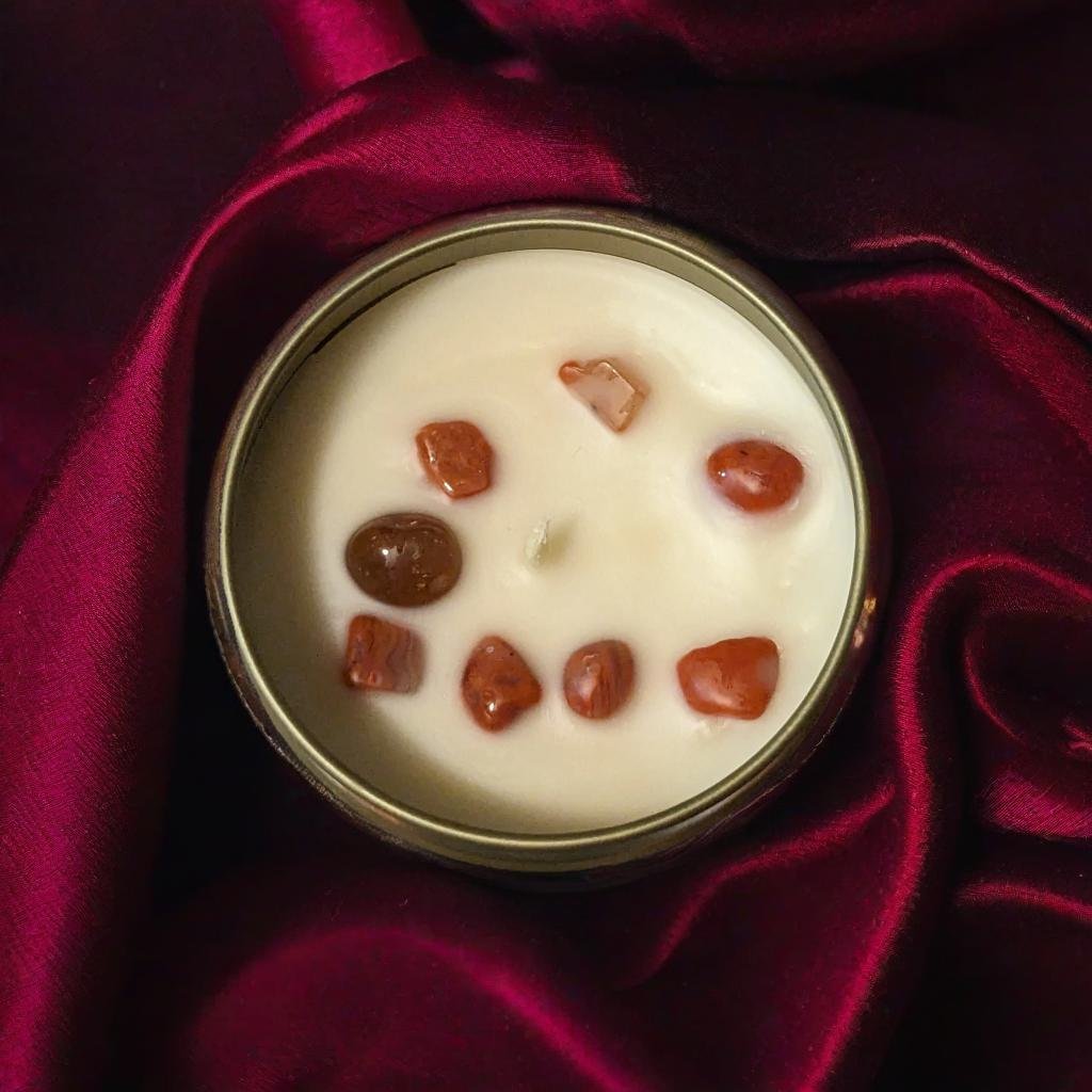 Reiki-Infused Root Chakra Tiger's Eye & Red Agate Candle with Cedarwood: Grounding Your Inner Strength