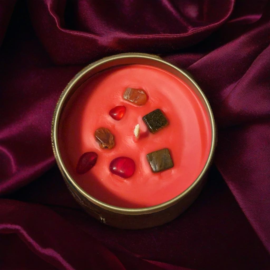 Reiki-Infused Root Chakra Tiger's Eye & Red Agate Candle with Cedarwood: Grounding Your Inner Strength