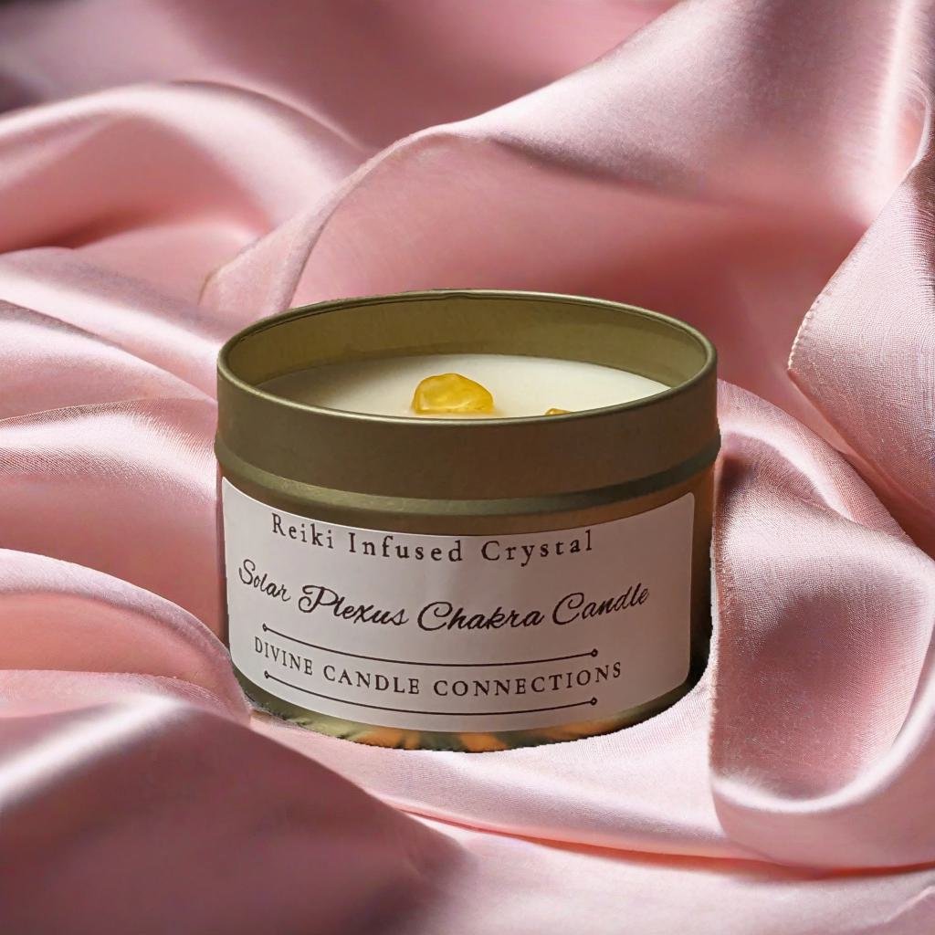 Reiki-Infused Yellow Agate/Citrine & Cypress Solar Plexus Chakra Candle: Ignite Your Inner Power